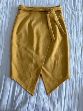 FAVLUX Mustard Asymmetrical Wrap Skirt with Tie Waist